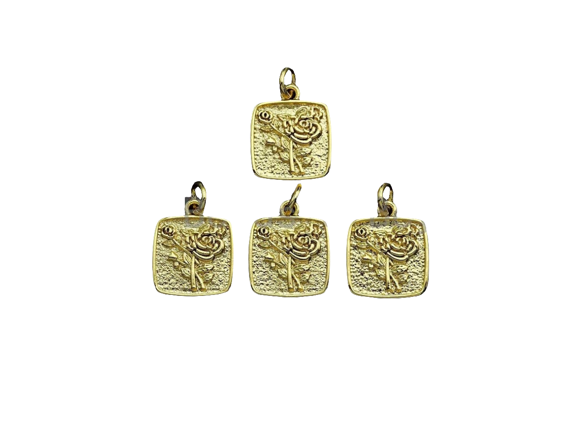 Gold Rose Flower Square Embossment Charm Pendant