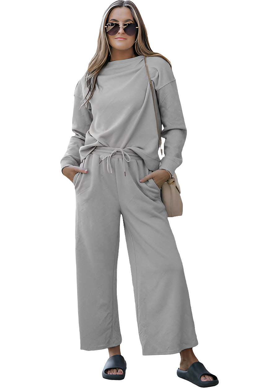 Warehouse|Textured Long Sleeve Top and Drawstring Pants Set In Multiple Colors