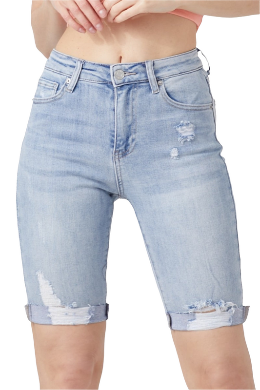 RISEN High Rise Distressed Denim Bermuda Shorts