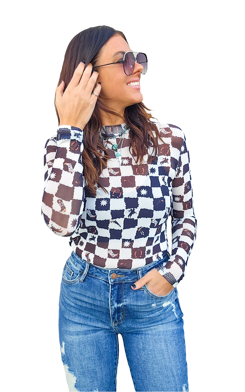 Studio|Black Checkered Queen Me Long Sleeve Mesh Top