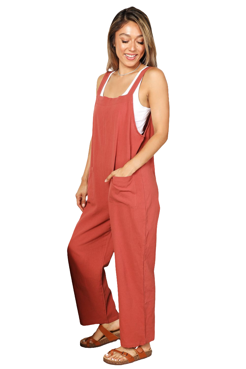 Wide Leg Overalls with Front Pockets In Rust