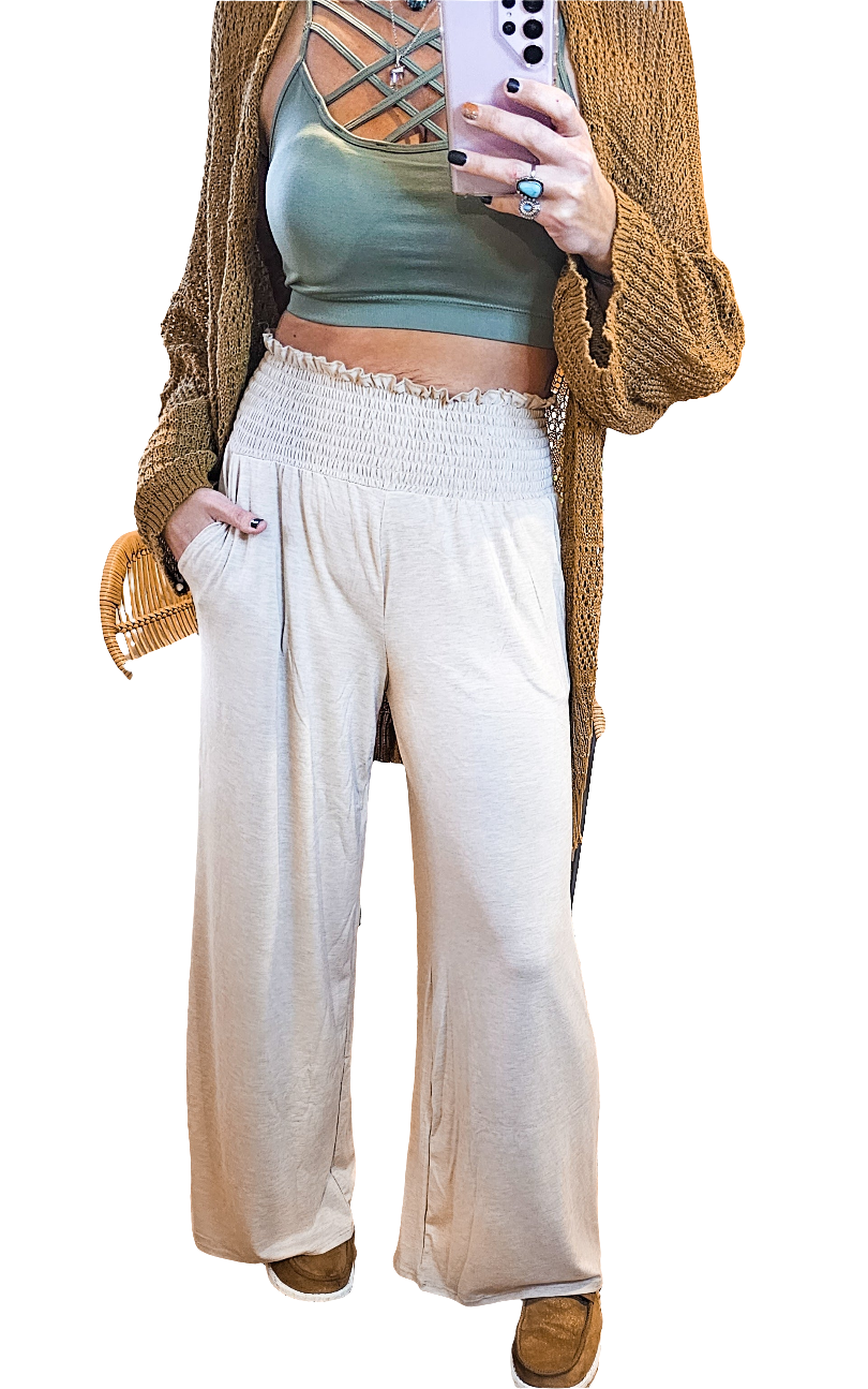 Studio|Boho Smocked Waistband Palazzo Pants In Heather Beige