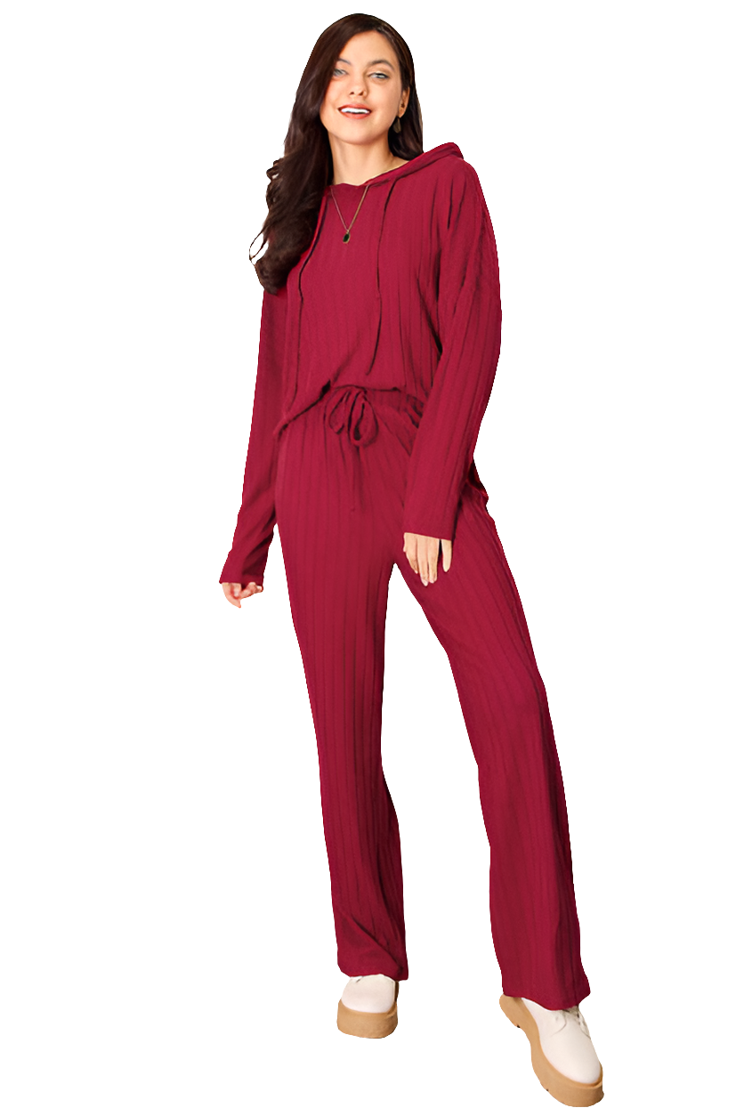 Classic Ribbed Drawstring Hood Top and Pants Lounge Set In Multiple Colors