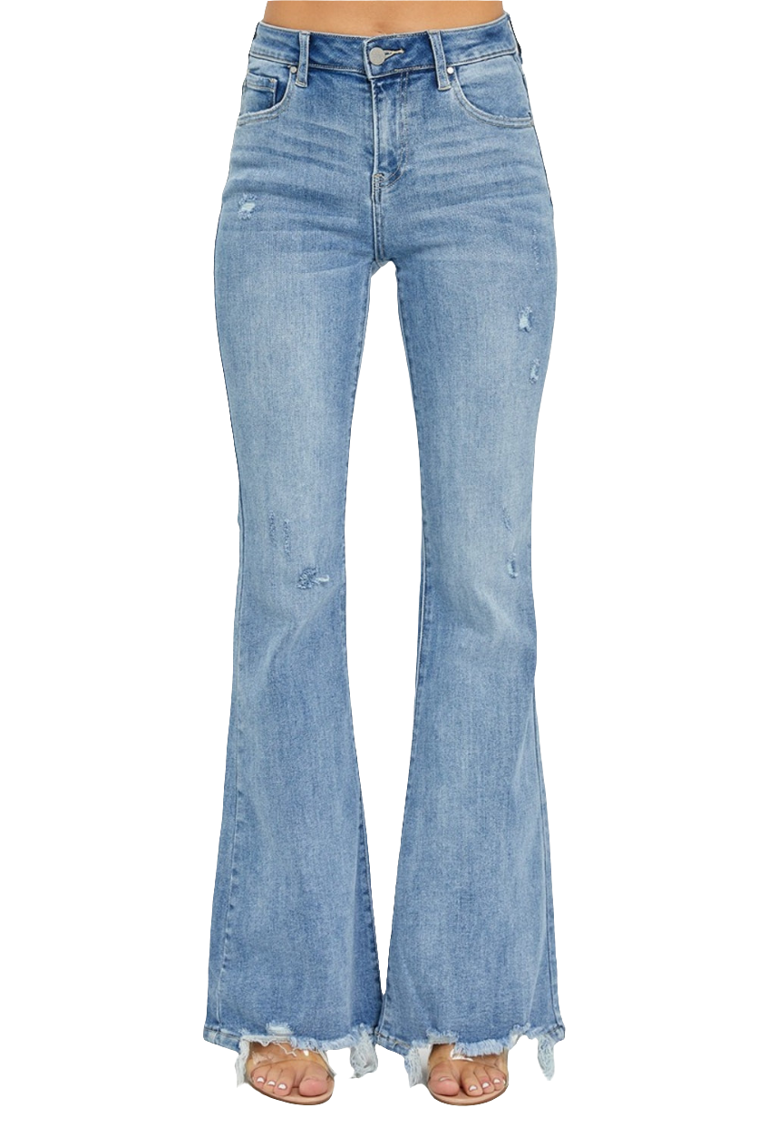 Risen High Rise Frayed Hem Flare Jeans