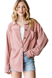 Button Up Long Sleeve Shacket In Peach