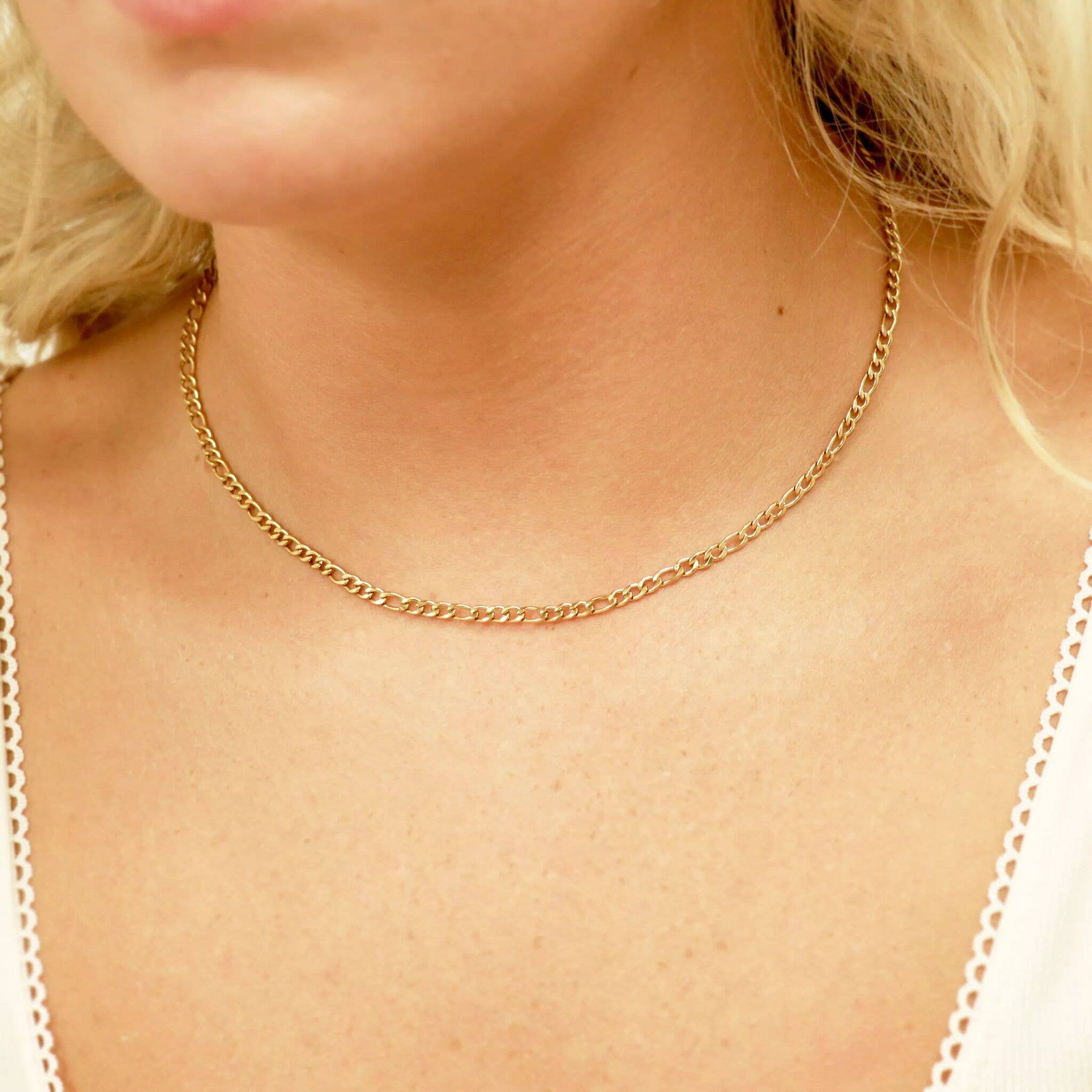 Water Proof 18K Gold Figaro Chain Necklace