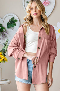 Button Up Long Sleeve Shacket In Peach