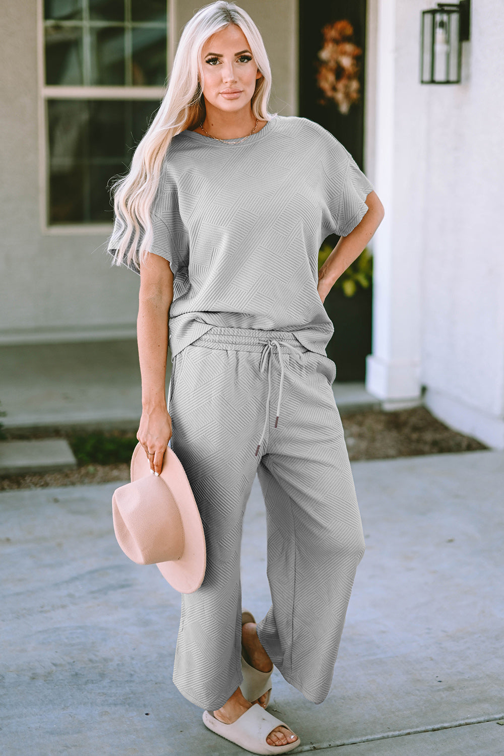 Classic Texture Short Sleeve Top and Pants Set In Multiple Colors