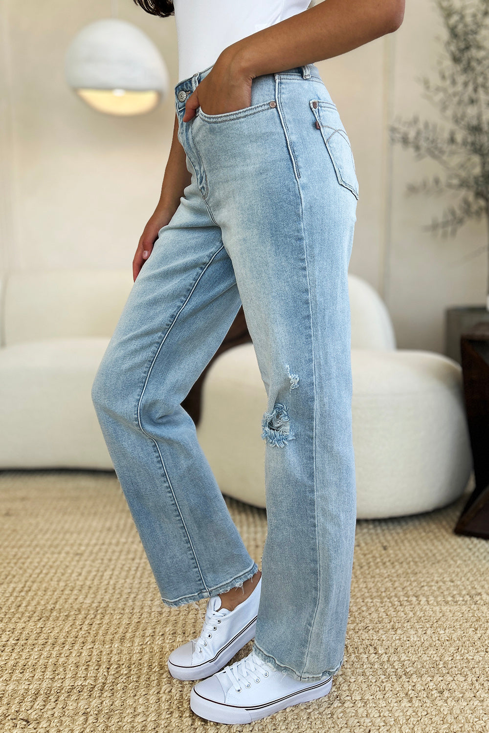 Warehouse|Judy Blue High Waist Distressed Straight Jeans