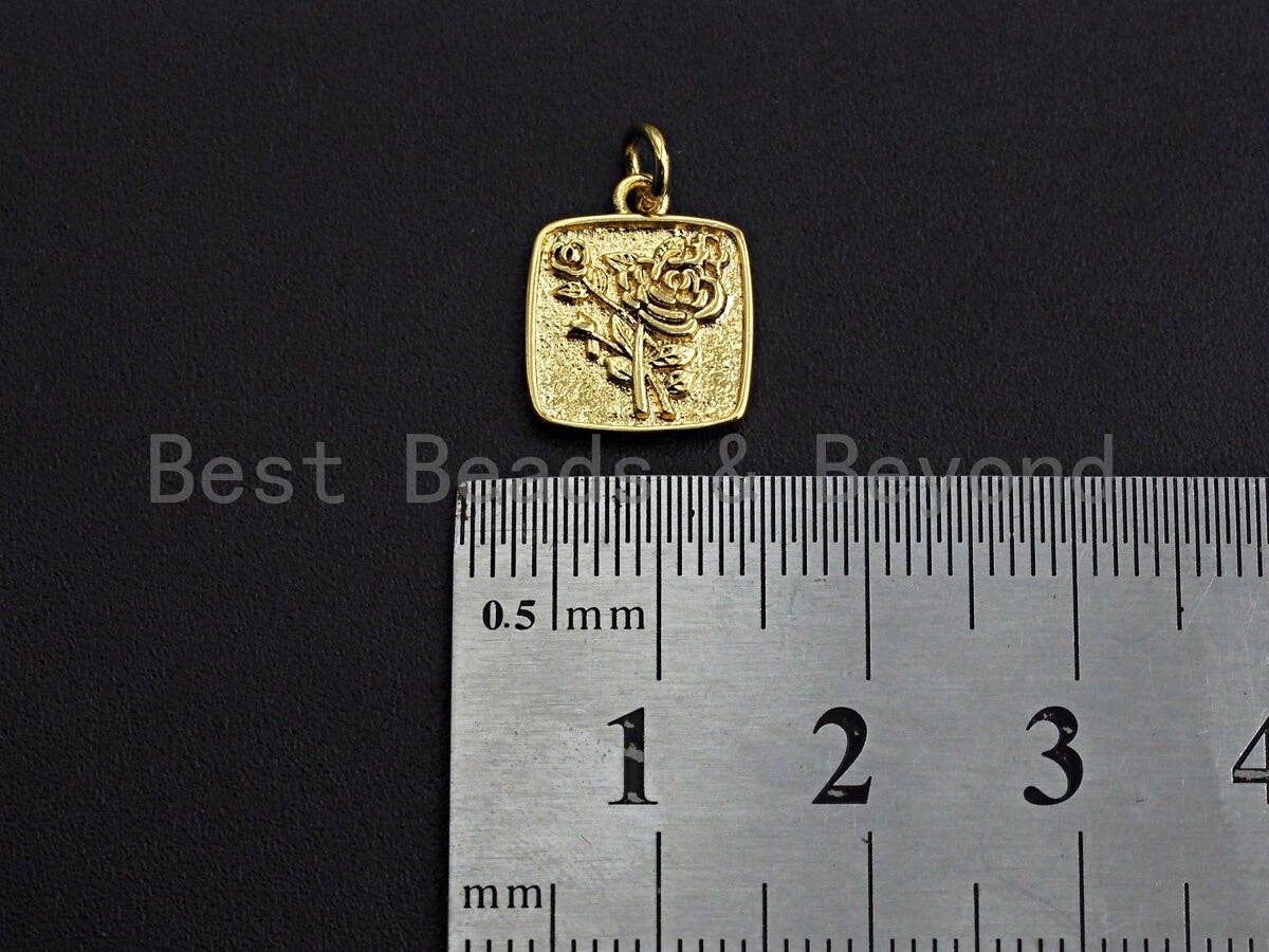 Gold Rose Flower Square Embossment Charm Pendant