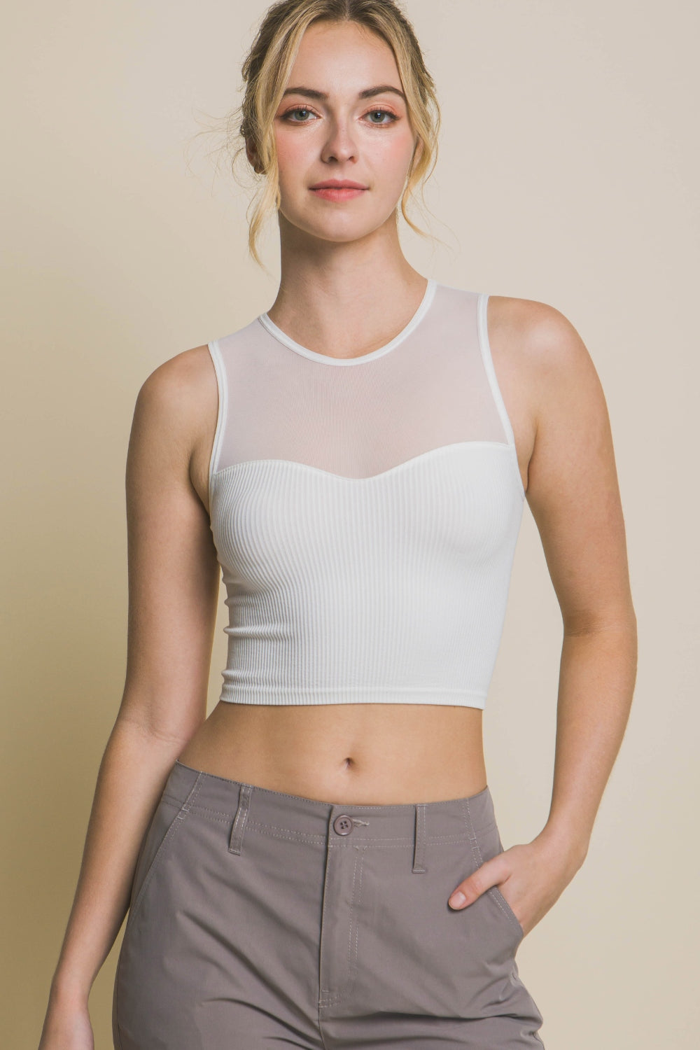 Nashville Round Neck Ribbed Cropped Mesh Tank In Off White