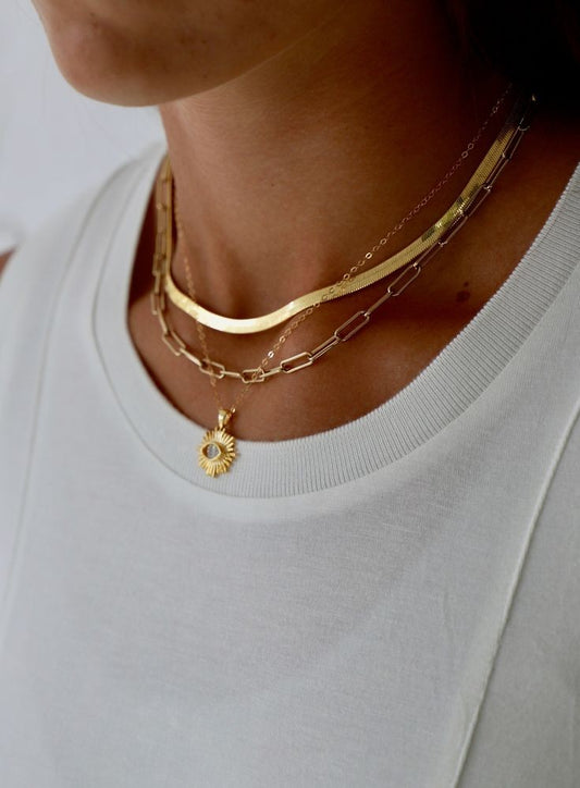 Simple Herringbone Waterproof Chain Necklace 18K Gold Plated