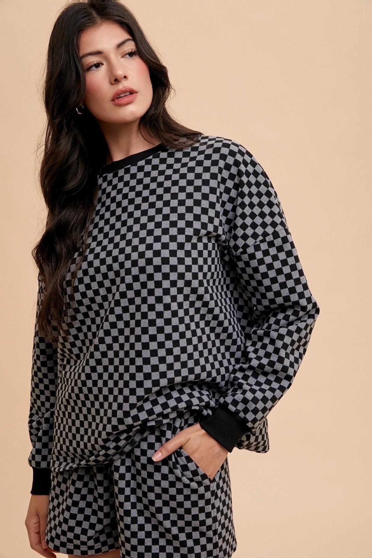 Warehouse| Checkered Round Neck Top and Drawstring Shorts Set