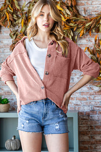 Button Up Long Sleeve Shacket In Peach