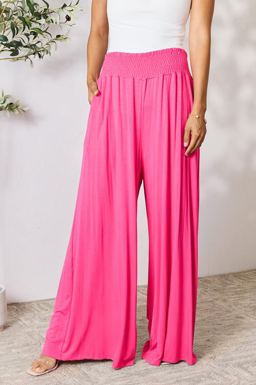 Smocked Wide Waistband Wide Leg Pants In Multiple Colors