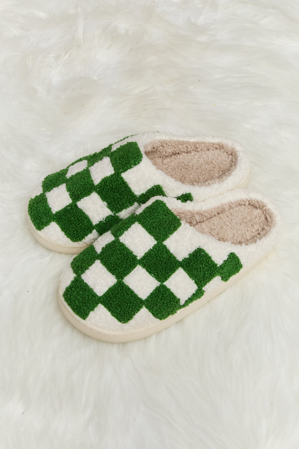 Warehouse|Checkered Print Plush Slide Slippers In Multiple Colors