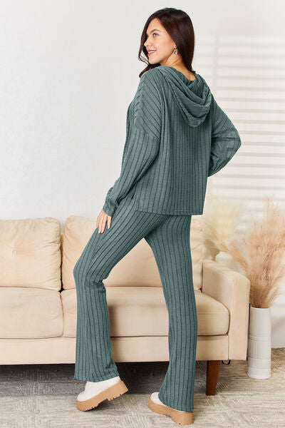 Classic Ribbed Drawstring Hood Top and Pants Lounge Set In Multiple Colors