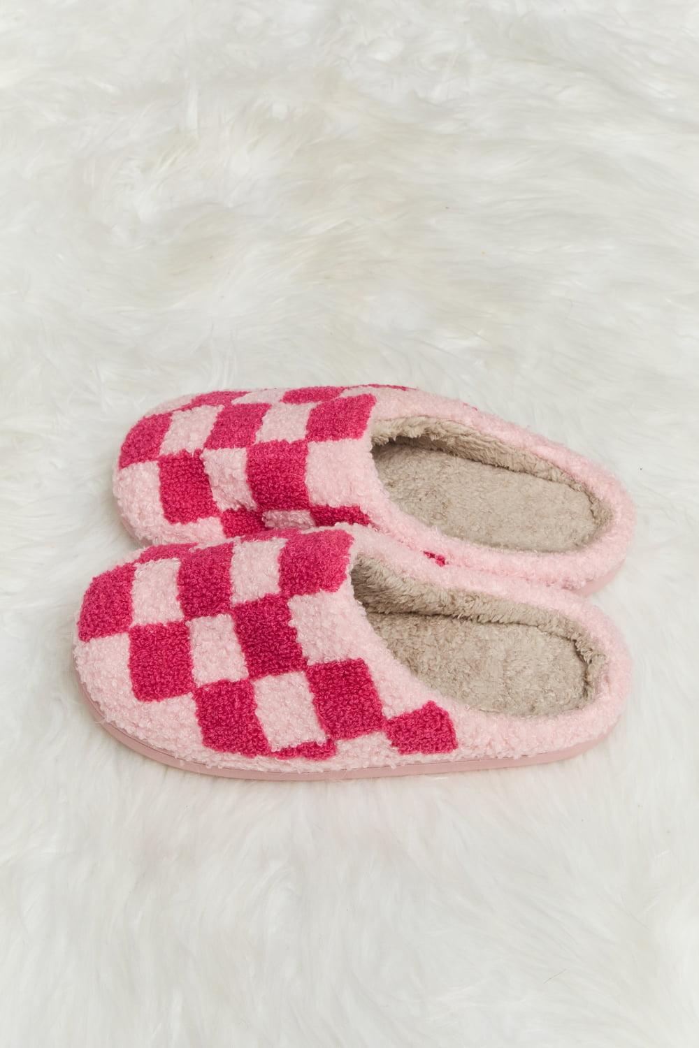 Warehouse|Checkered Print Plush Slide Slippers In Multiple Colors