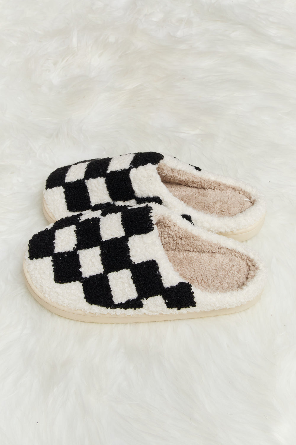 Warehouse|Checkered Print Plush Slide Slippers In Multiple Colors