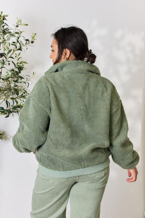 Stay Cozy Zip Up Collared Neck Sherpa Jacket In Sage