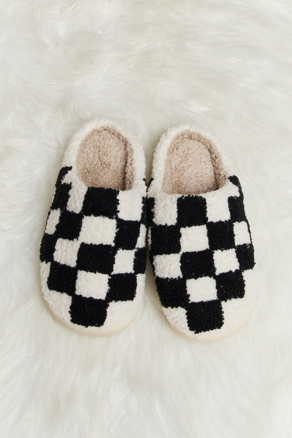 Warehouse|Checkered Print Plush Slide Slippers In Multiple Colors