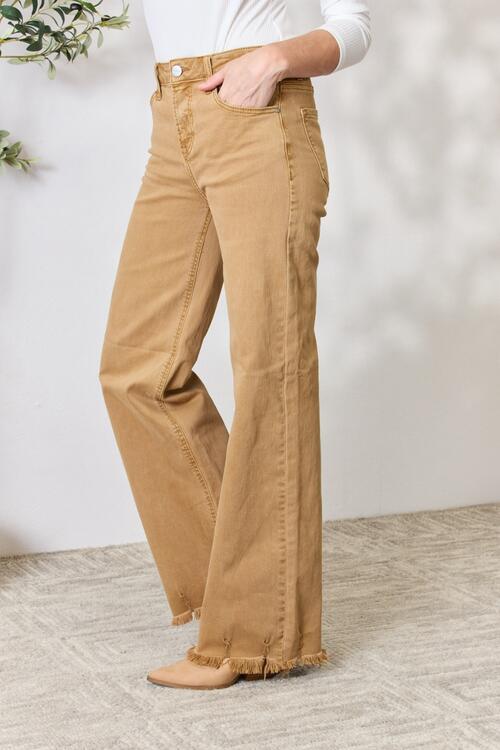 RISEN Fringe Hem Wide Leg Jeans In Mocha