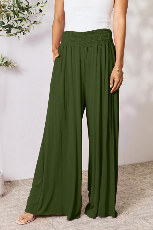 Smocked Wide Waistband Wide Leg Pants In Multiple Colors