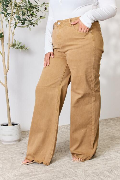 RISEN Fringe Hem Wide Leg Jeans In Mocha