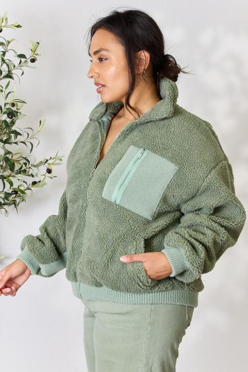 Stay Cozy Zip Up Collared Neck Sherpa Jacket In Sage