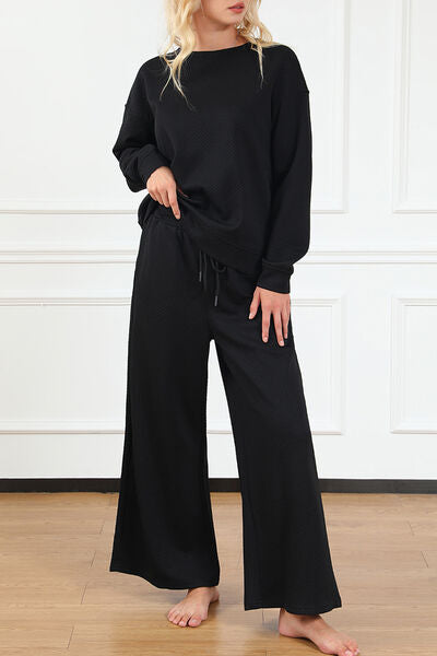 Warehouse|Textured Long Sleeve Top and Drawstring Pants Set In Multiple Colors