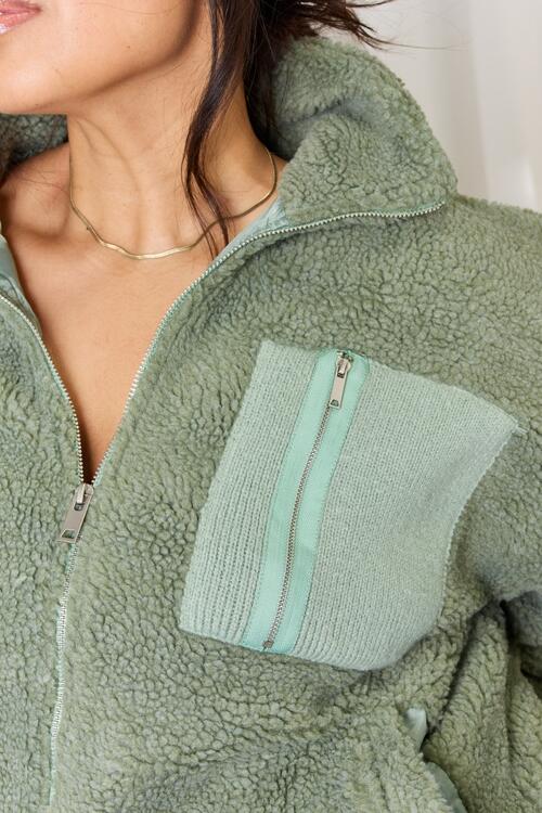 Stay Cozy Zip Up Collared Neck Sherpa Jacket In Sage