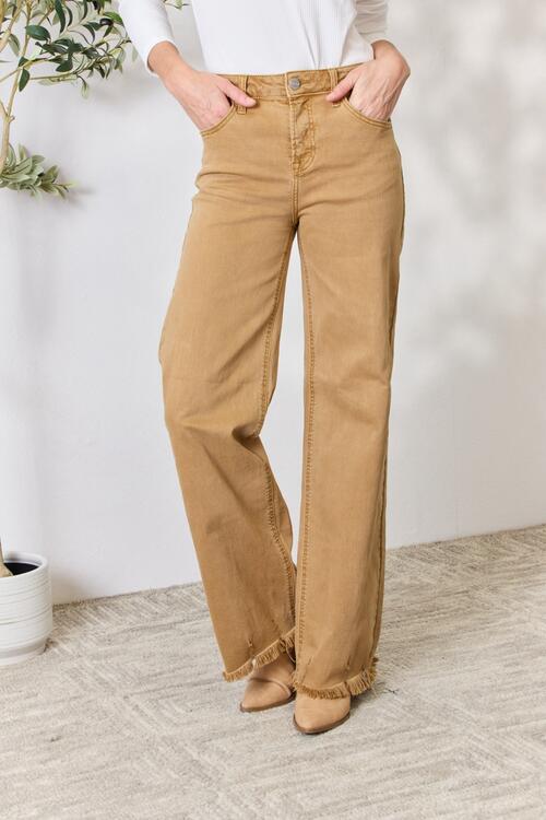 RISEN Fringe Hem Wide Leg Jeans In Mocha