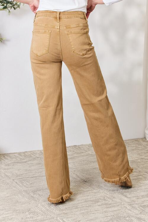 RISEN Fringe Hem Wide Leg Jeans In Mocha