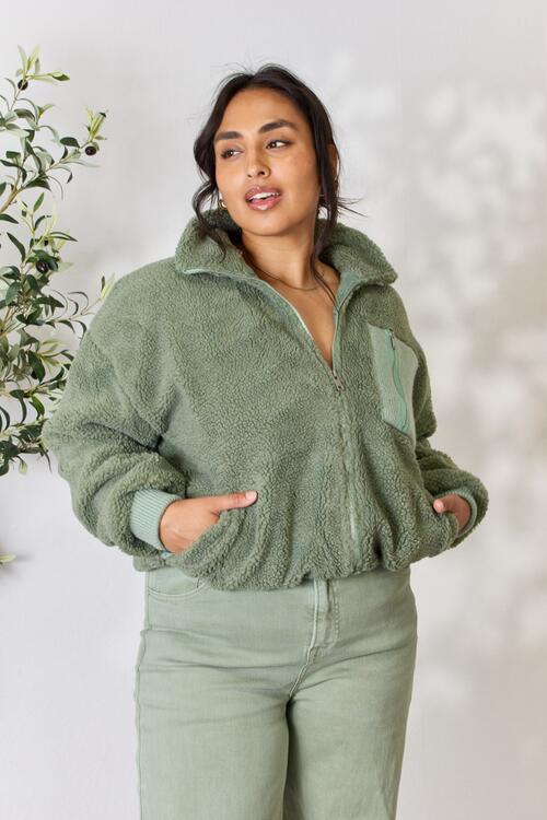 Stay Cozy Zip Up Collared Neck Sherpa Jacket In Sage