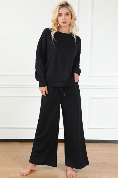 Warehouse|Textured Long Sleeve Top and Drawstring Pants Set In Multiple Colors