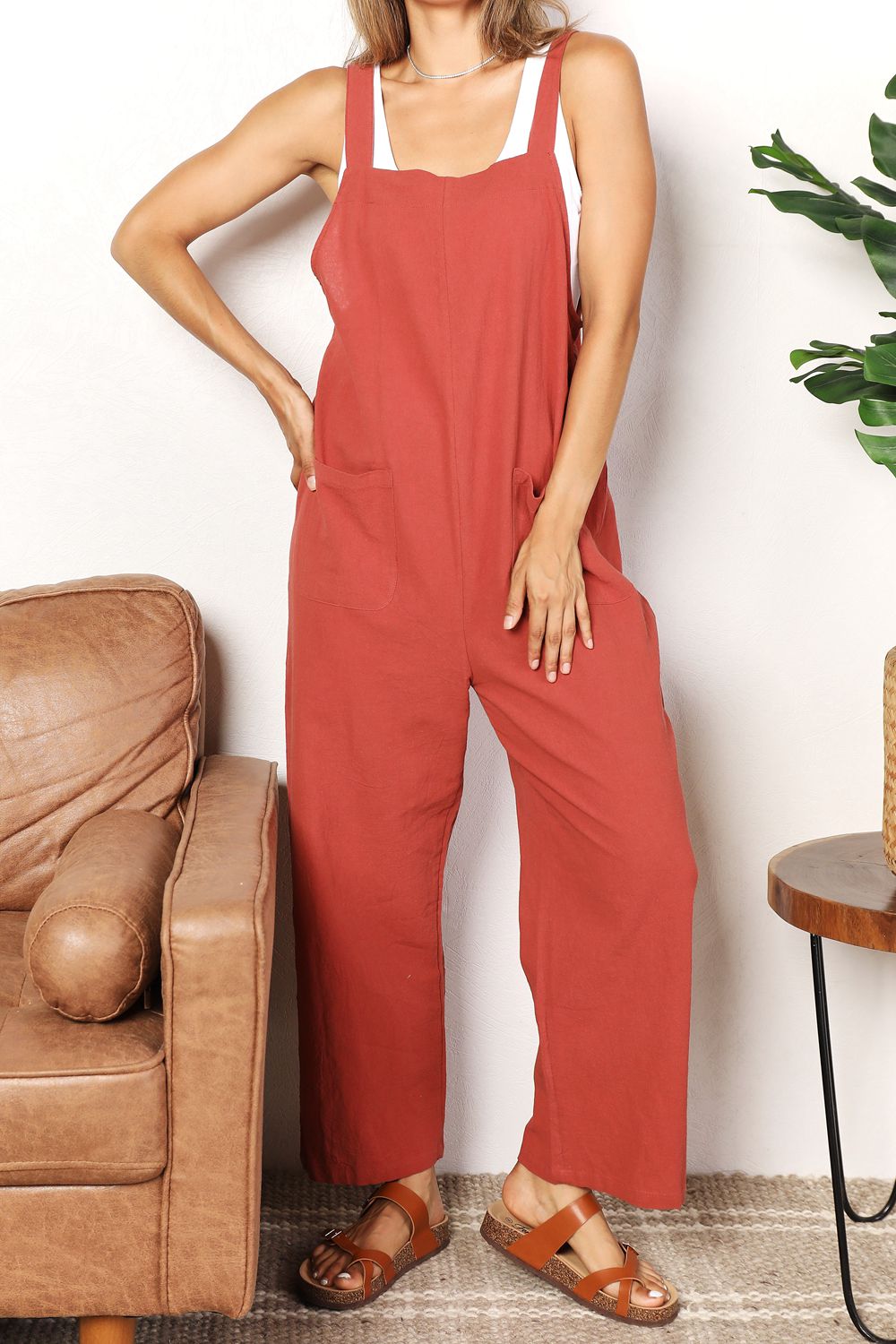 Wide Leg Overalls with Front Pockets In Rust