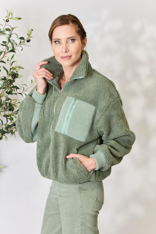 Stay Cozy Zip Up Collared Neck Sherpa Jacket In Sage