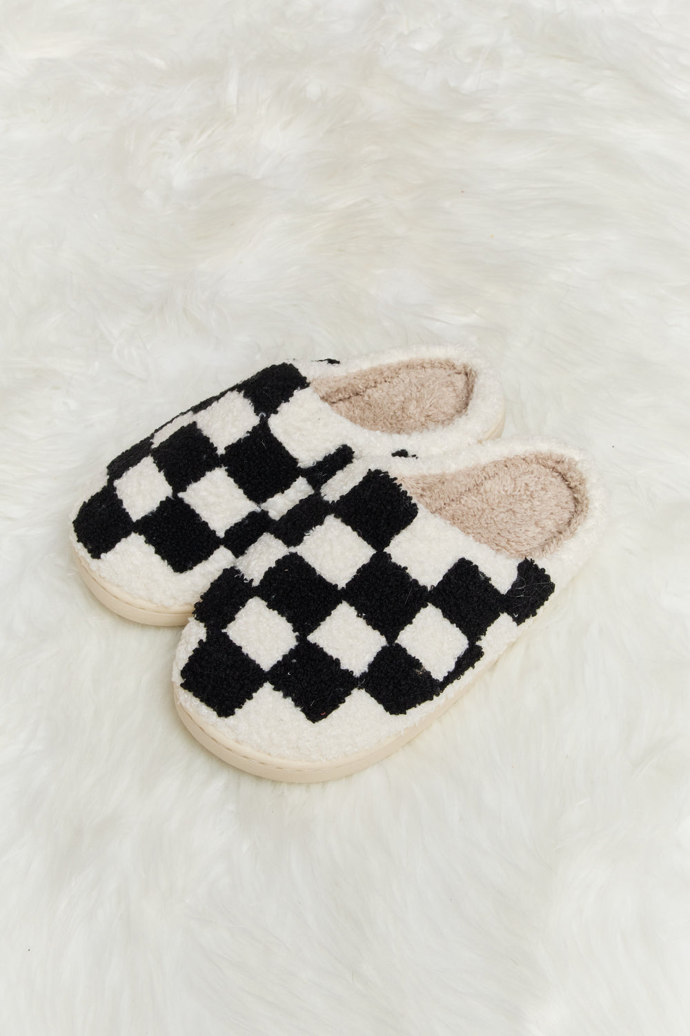 Warehouse|Checkered Print Plush Slide Slippers In Multiple Colors