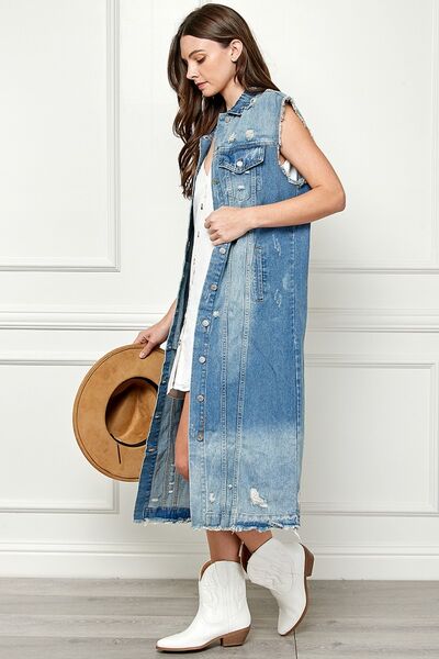 Veveret Distressed Sleeveless Longline Denim Jacket