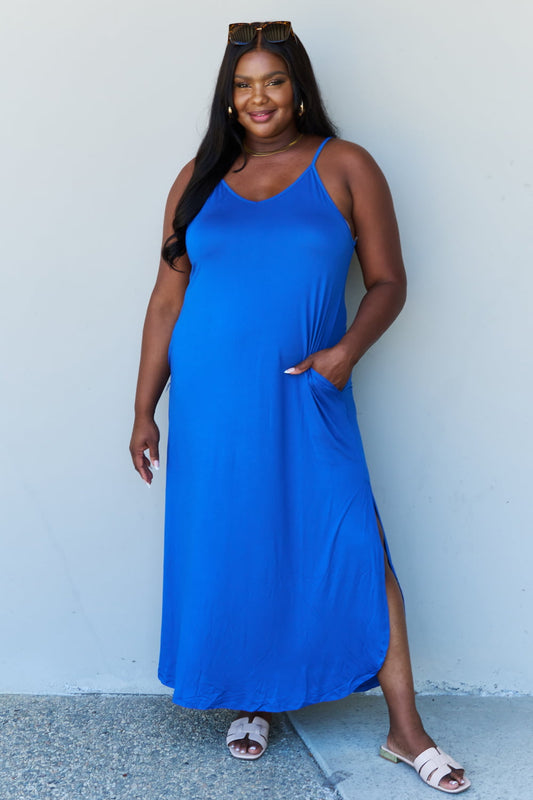 Just Beachy Cami Side Slit Maxi Dress in Royal Blue