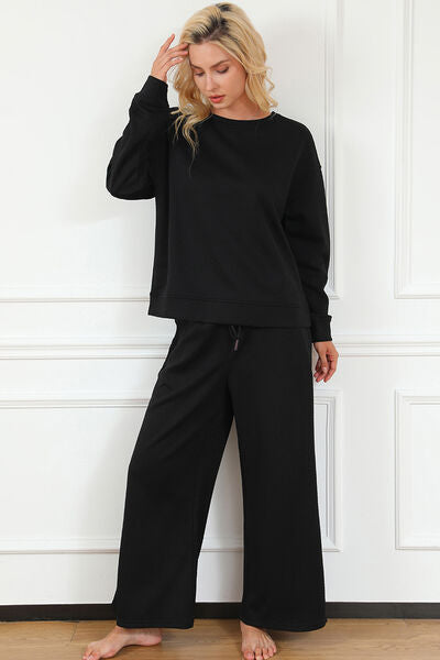 Warehouse|Textured Long Sleeve Top and Drawstring Pants Set In Multiple Colors