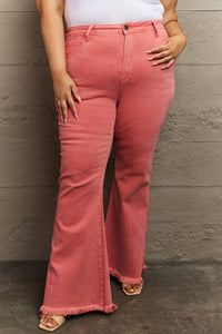 Warehouse|RISEN Bailey High Waist Side Slit Flare Jeans In Coral