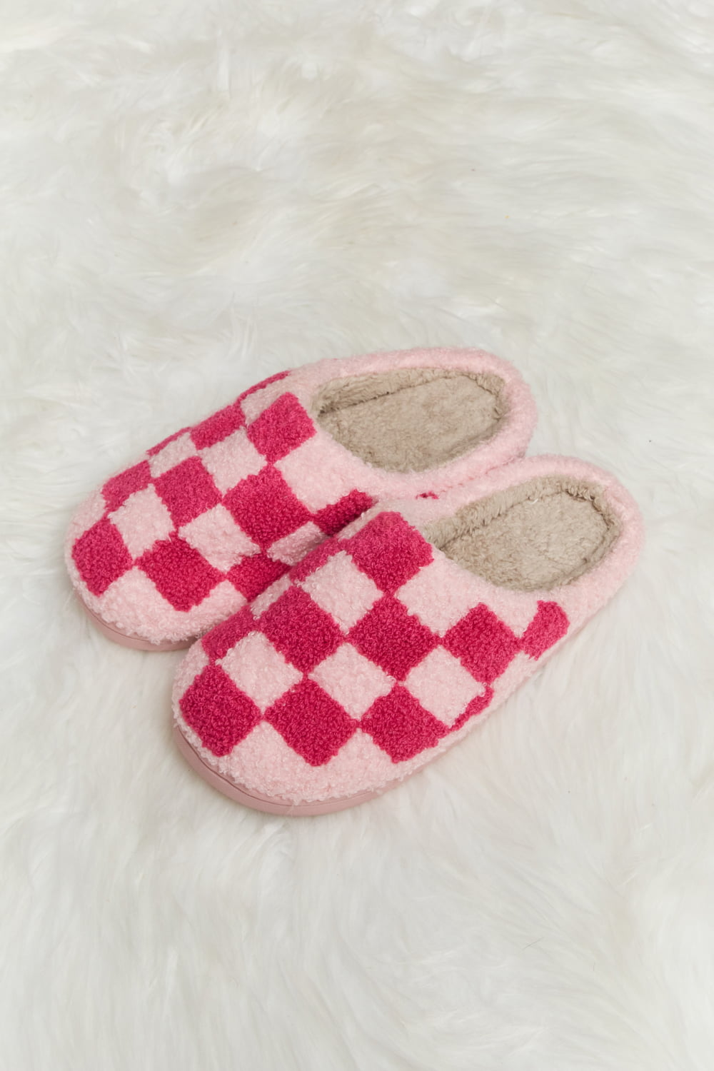 Warehouse|Checkered Print Plush Slide Slippers In Multiple Colors