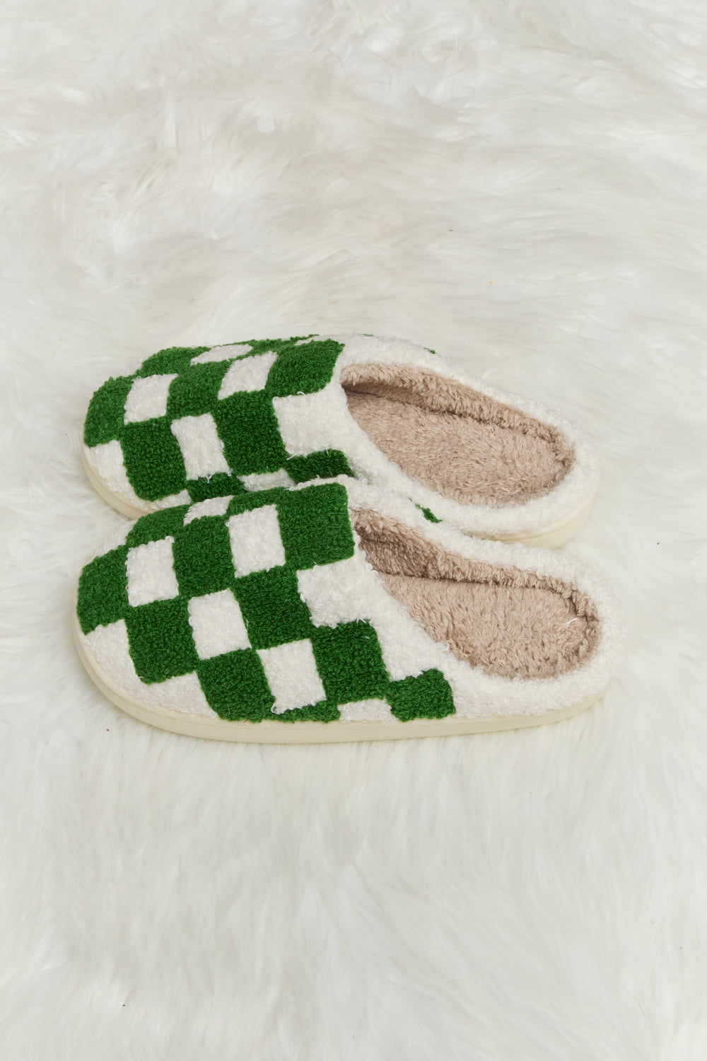 Warehouse|Checkered Print Plush Slide Slippers In Multiple Colors