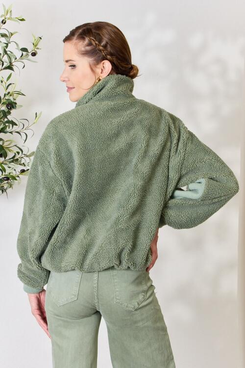 Stay Cozy Zip Up Collared Neck Sherpa Jacket In Sage