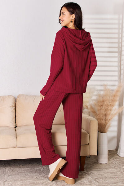 Classic Ribbed Drawstring Hood Top and Pants Lounge Set In Multiple Colors