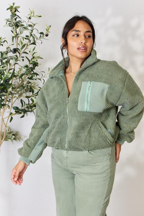 Stay Cozy Zip Up Collared Neck Sherpa Jacket In Sage