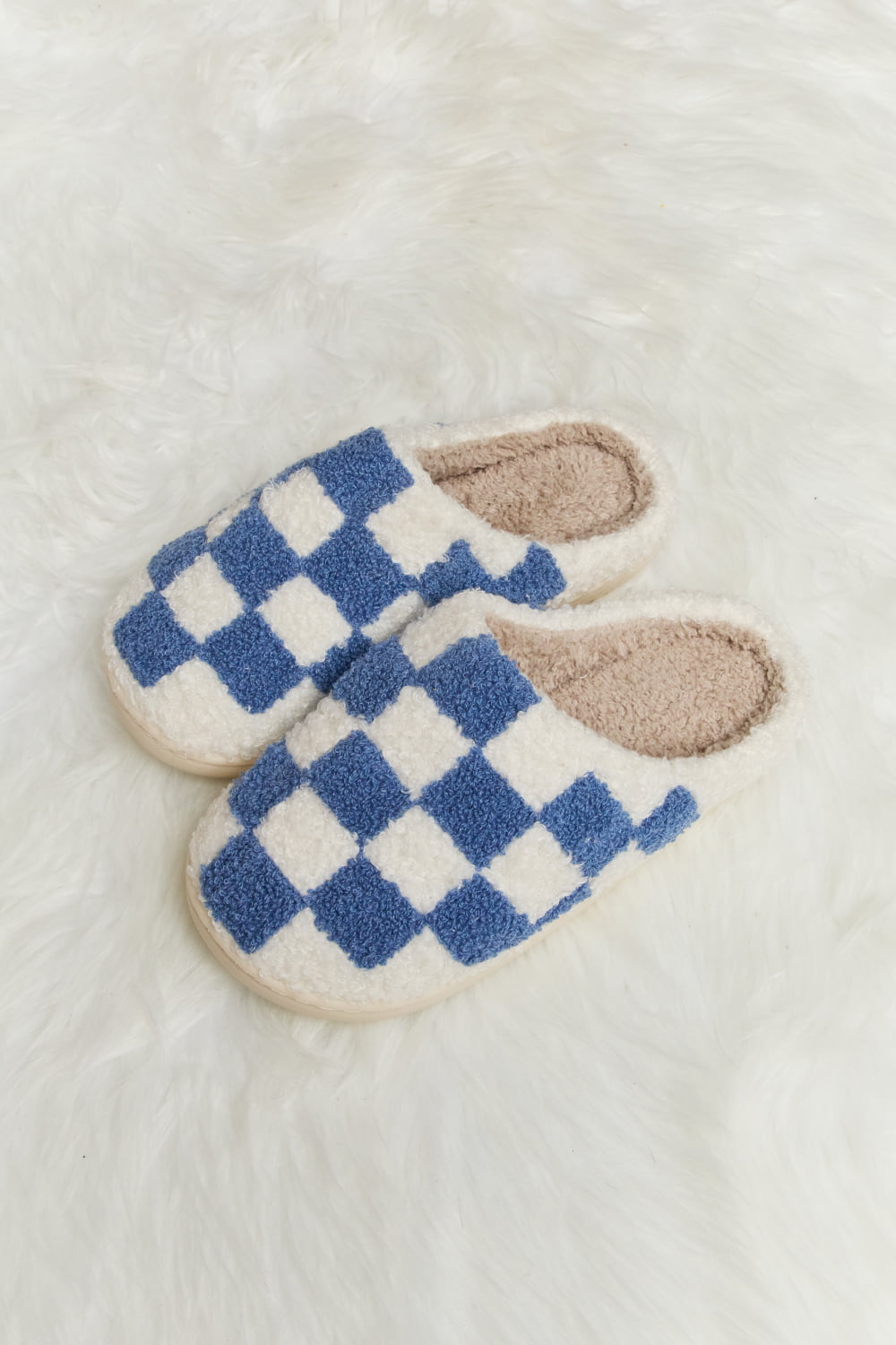 Warehouse|Checkered Print Plush Slide Slippers In Multiple Colors