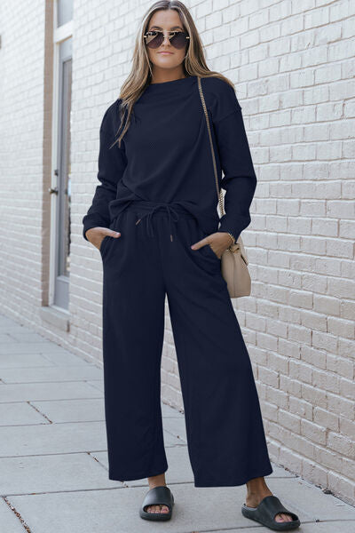 Warehouse|Textured Long Sleeve Top and Drawstring Pants Set In Multiple Colors