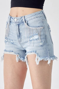 RISEN Frayed Hem Denim Shorts with Rhinestone Fringe Detail Pockets